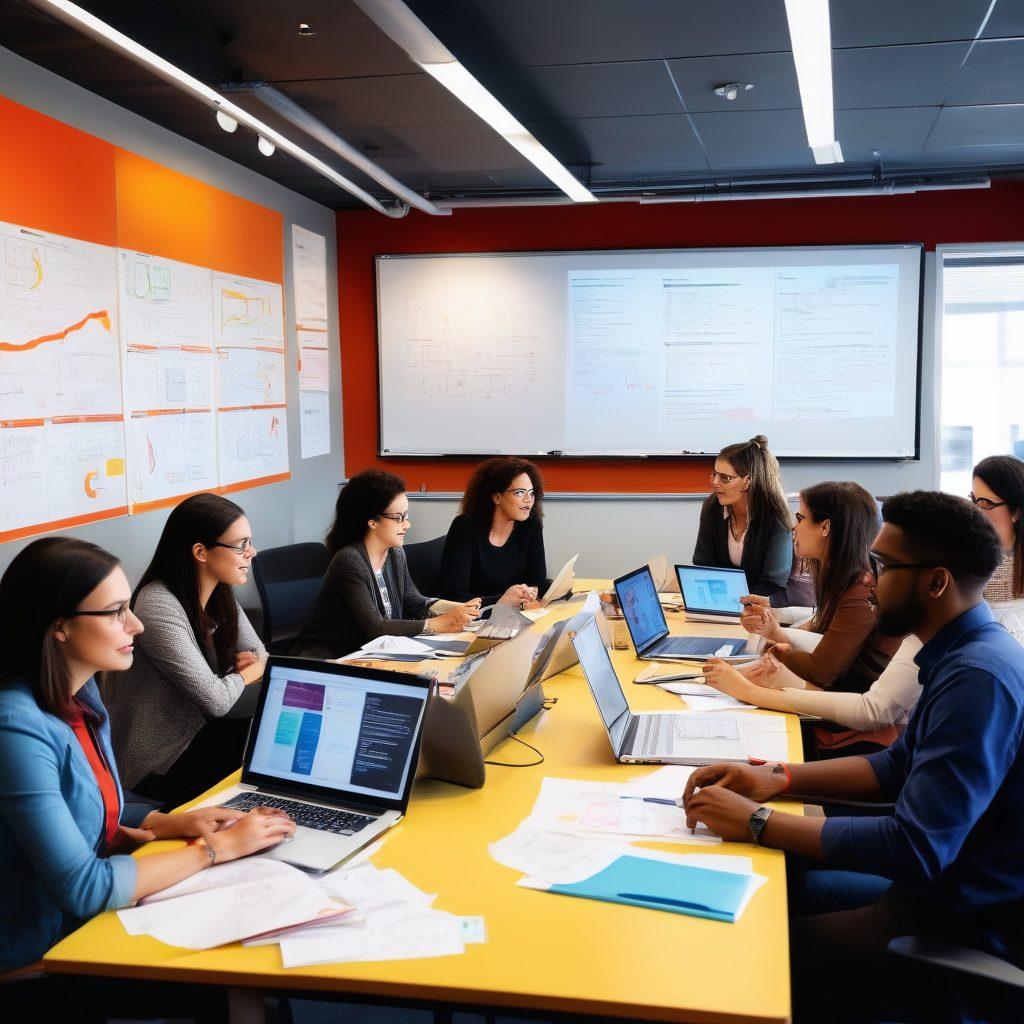 A diverse group of academics and educators engaged in a lively discussion around a large table covered with laptops, notebooks, and coffee cups. In the background, a digital whiteboard displays various blogging strategies and vibrant infographics on the impact of educational blogging. The setting is bright and inspiring, symbolizing collaboration and empowerment in education. super-realistic. vibrant colors. contemporary office setting.