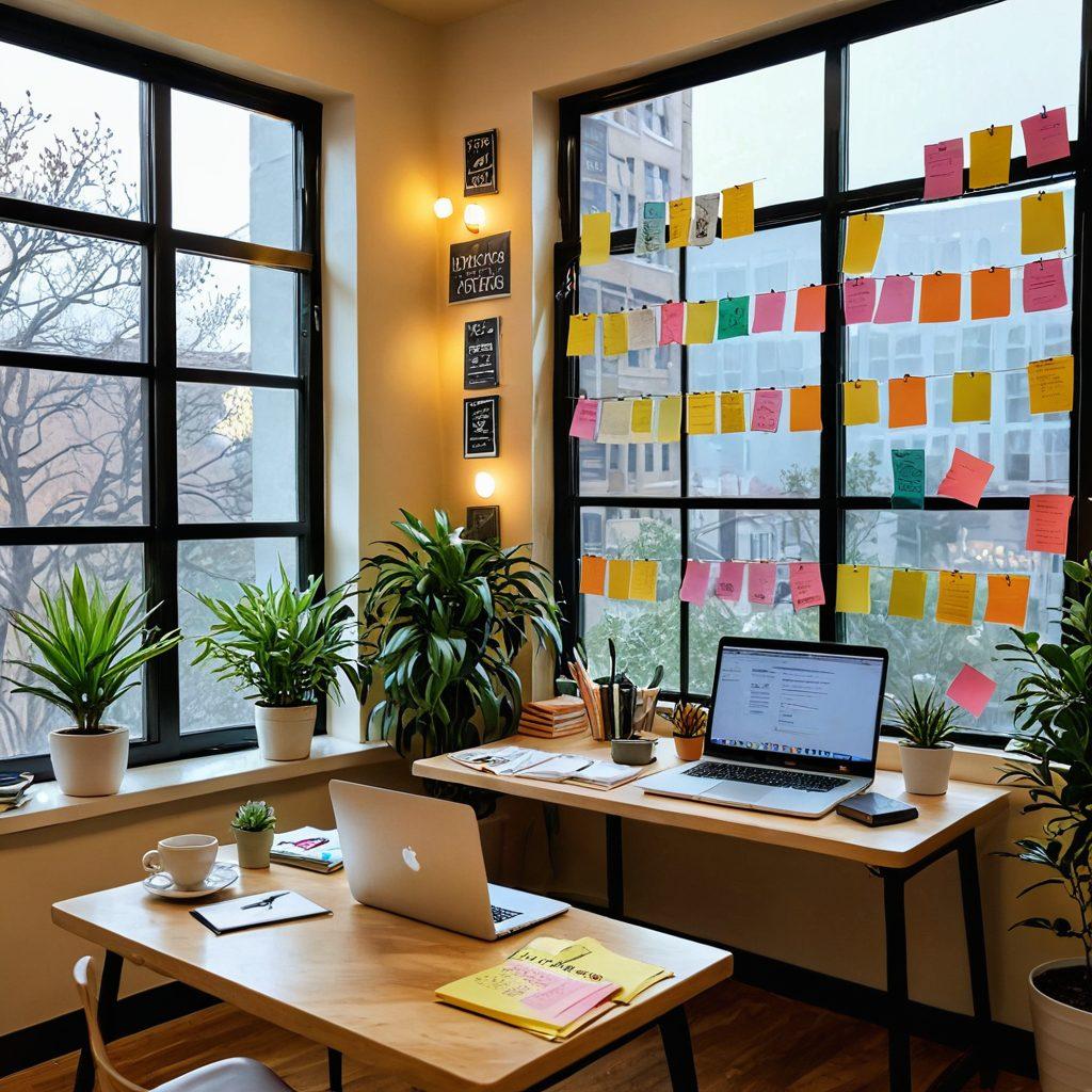 A cozy, modern workspace filled with books, a laptop open to a vibrant blog page, and colorful sticky notes scattered around. A large window lets in natural light, highlighting a cup of coffee next to a potted plant. Academics of diverse backgrounds are engaged in discussion at a round table, surrounded by bookshelves filled with knowledge. The atmosphere is inviting and inspiring, perfect for creativity and collaborative learning. super-realistic. vibrant colors. warm lighting.
