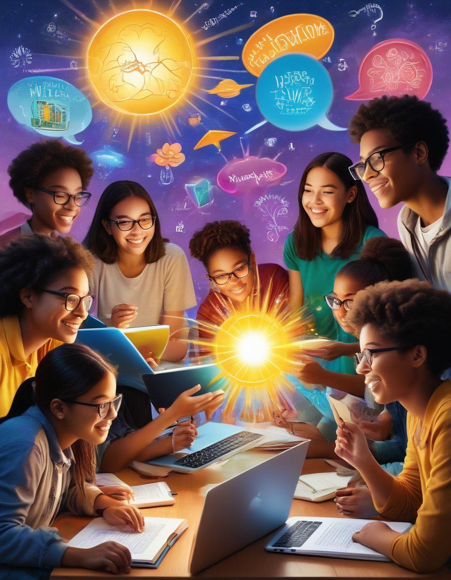 A vibrant digital collage depicting diverse students engaging with online journals, surrounded by colorful thought bubbles containing educational icons like books, laptops, and community symbols. In the background, a radiant sun symbolizes growth and enlightenment, while a network of digital connections glows softly. The scene conveys a sense of collaboration and innovation in education. super-realistic. vibrant colors. modern style.